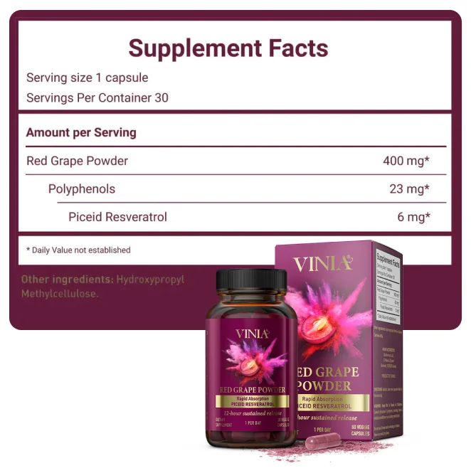 VINIA supplement facts panel: 400mg red grape cell powder per capsule, 90 veggie capsules