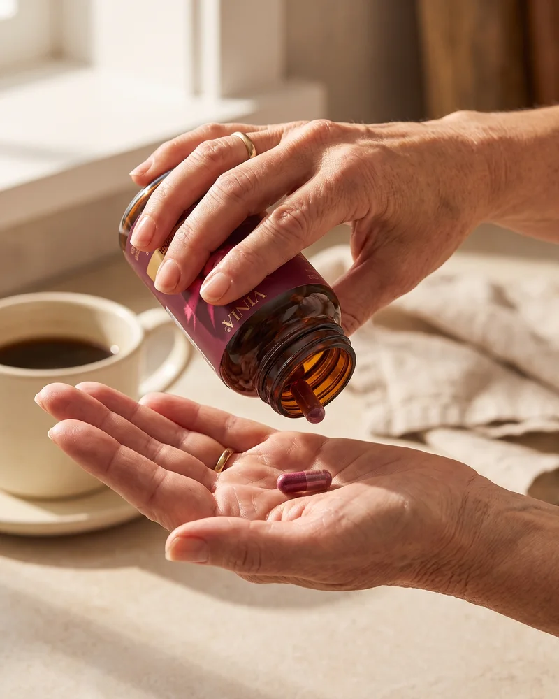 A hand tipping a single VINIA capsule from the amber bottle into an open palm, morning coffee behind