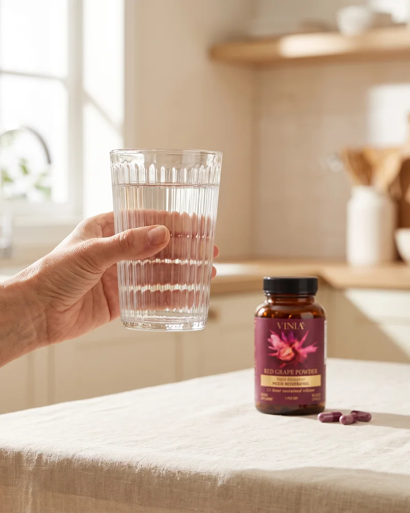 A hand raising a glass of water in a bright kitchen, the VINIA bottle on the counter behind