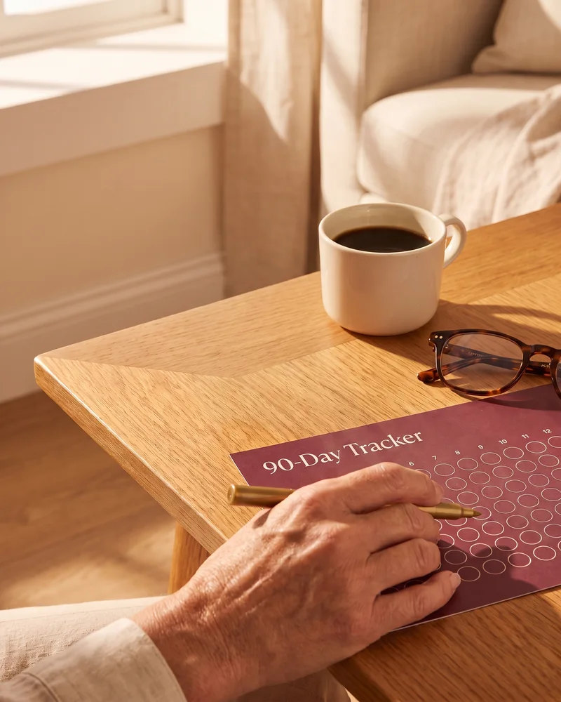 A hand with a gold marker resting on the burgundy 90-day tracker sheet beside morning coffee and reading glasses